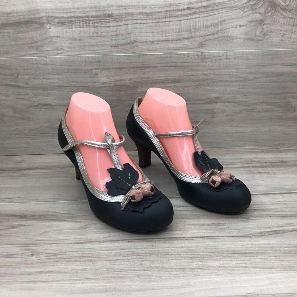 Anthropologie Miss Albright Heels Women's 9 B Blue Leather Budding T Strap Slip - Picture 4 of 12